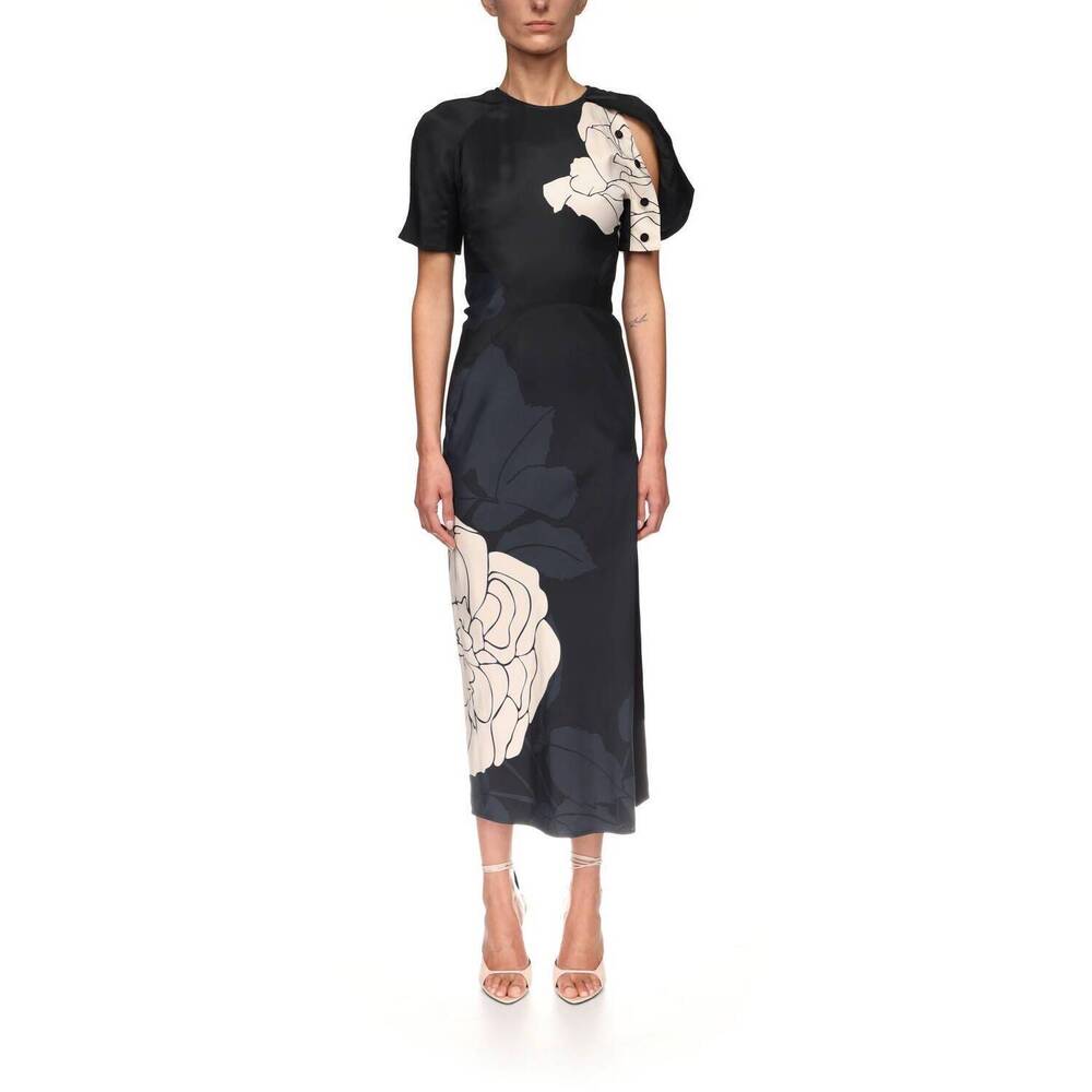 NEW VICTORIA BECKHAM split hem detail midi dress in dark navy/pale rose